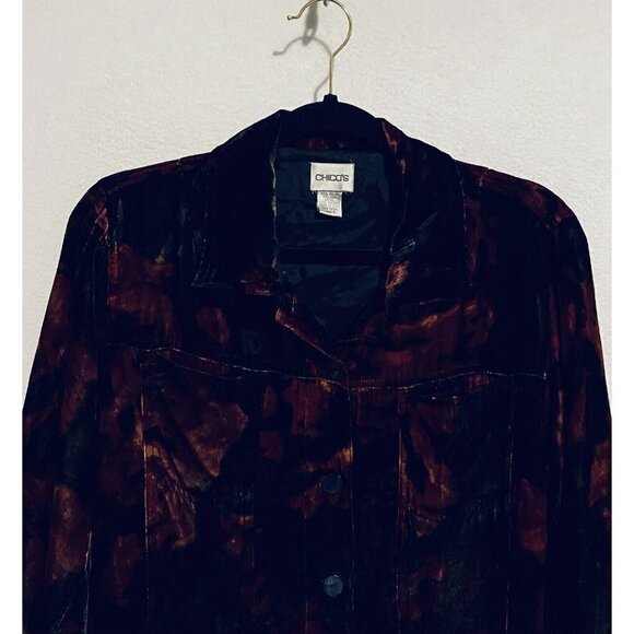 Chicos 1 Top Womens Medium 8 Velvet Button Up Shacket Silk Artsy Boho Black Red - Picture 2 of 6